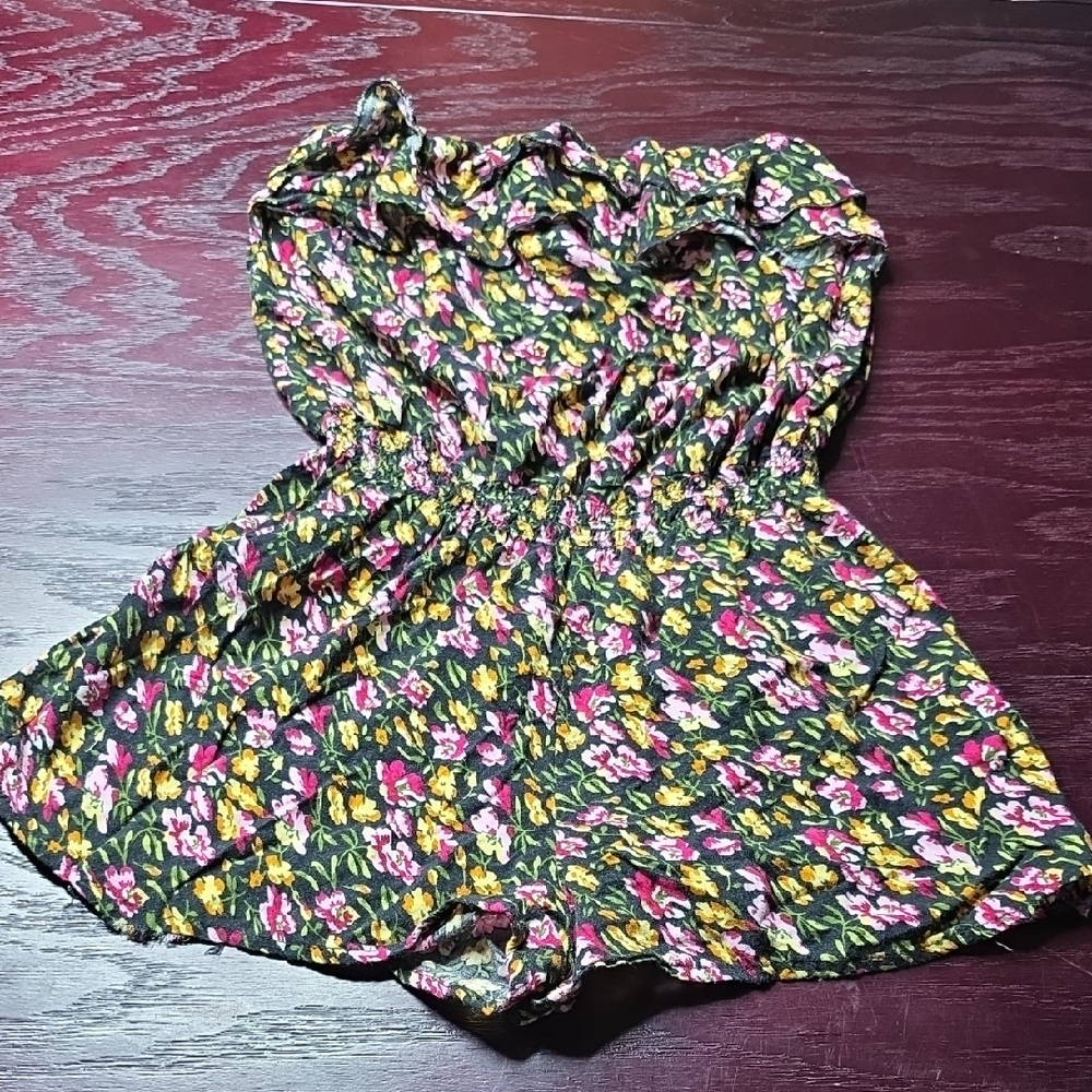 Black Floral Strapless Romper with Pink & Yellow Blooms